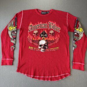 VTG Sapphire lounge American Biker Thermal Shirt‎ Skull Flames Waffle Knit 90s